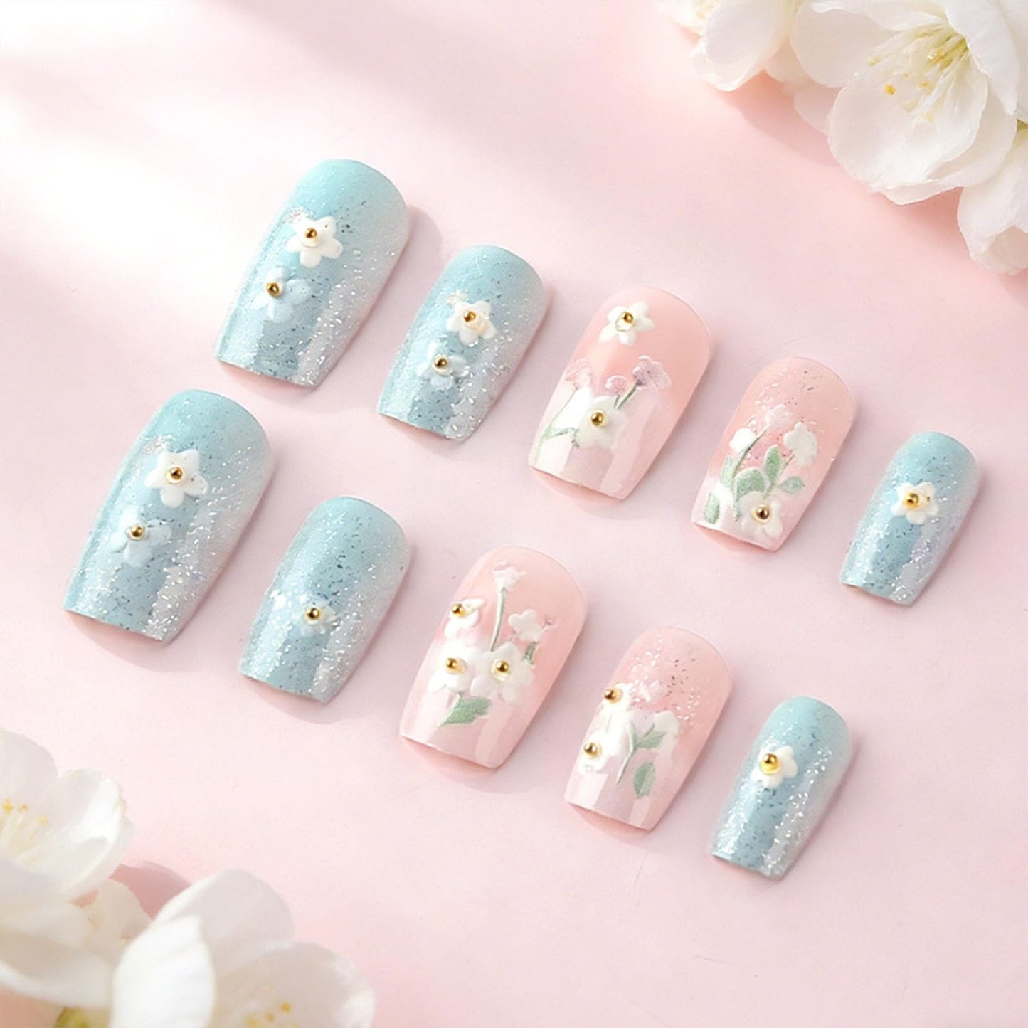 Press on Nails Medium Square Fake Nails with Green Leaves White Flower Glitter Designs Glossy Nails Press ons Pink Blue Glue on Nails Summer Acrylic Artificial Stick on Nails for Women 24Pcs