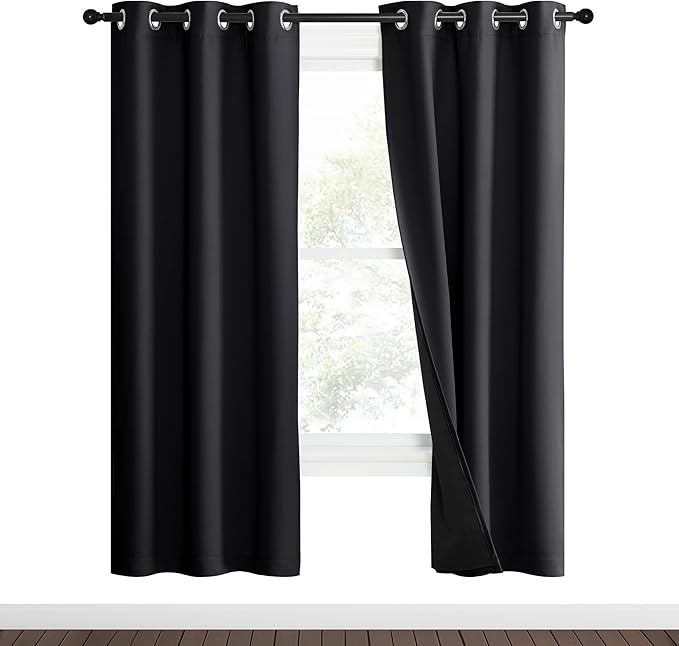NICETOWN High-End Thermal Kitchen Curtains, Black, 37" Wide Per Panel, Set of 2 Panels, Full Blackout Curtains 70 Inches Long for Dining Room, Soundproof Window Treatment Drapes for Hall Room