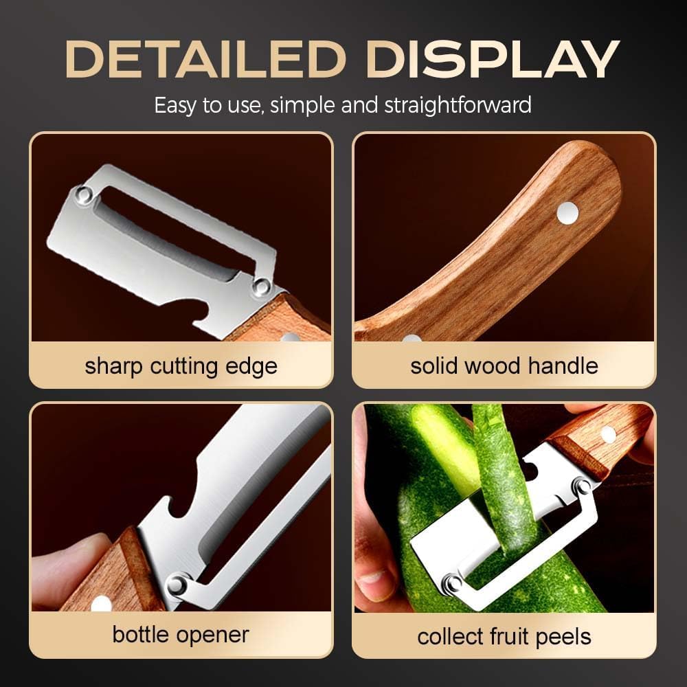 Premium Vegetable Peeler with Wooden Handle and Bottle Opener,Multi-Functional Vegetable Peeler for Kitchen, 2-In-1 Stainless Steel Kitchen Tool, for Fruit Veggie, Includes Bottle Opener (2PCS)