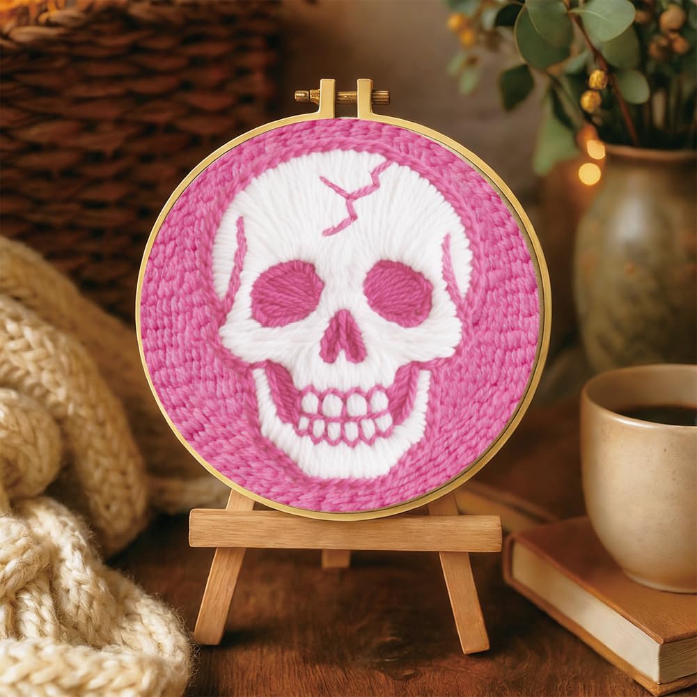 BEUNITONE Pink Skull Head Punch Needle Kit for Adults Beginners, Complete DIY Craft Needlepoint Kits with Hoop, Punch Needle Starter Craft Embroidery Set for Festival Gift and Cloth Home Decor 20x20cm