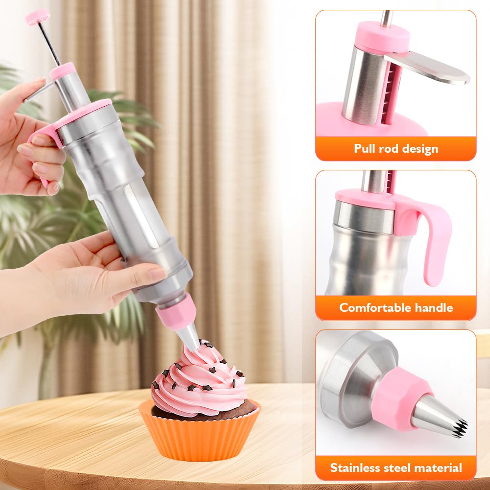 Dessert Decorating Syringe Set, 24Pcs Frosting Piping Kit with 6 Piping Tips, 12 Silicone Cupcake, Stainless Steel Cupcake Decorating Kit Piping Bags and Tips Set
