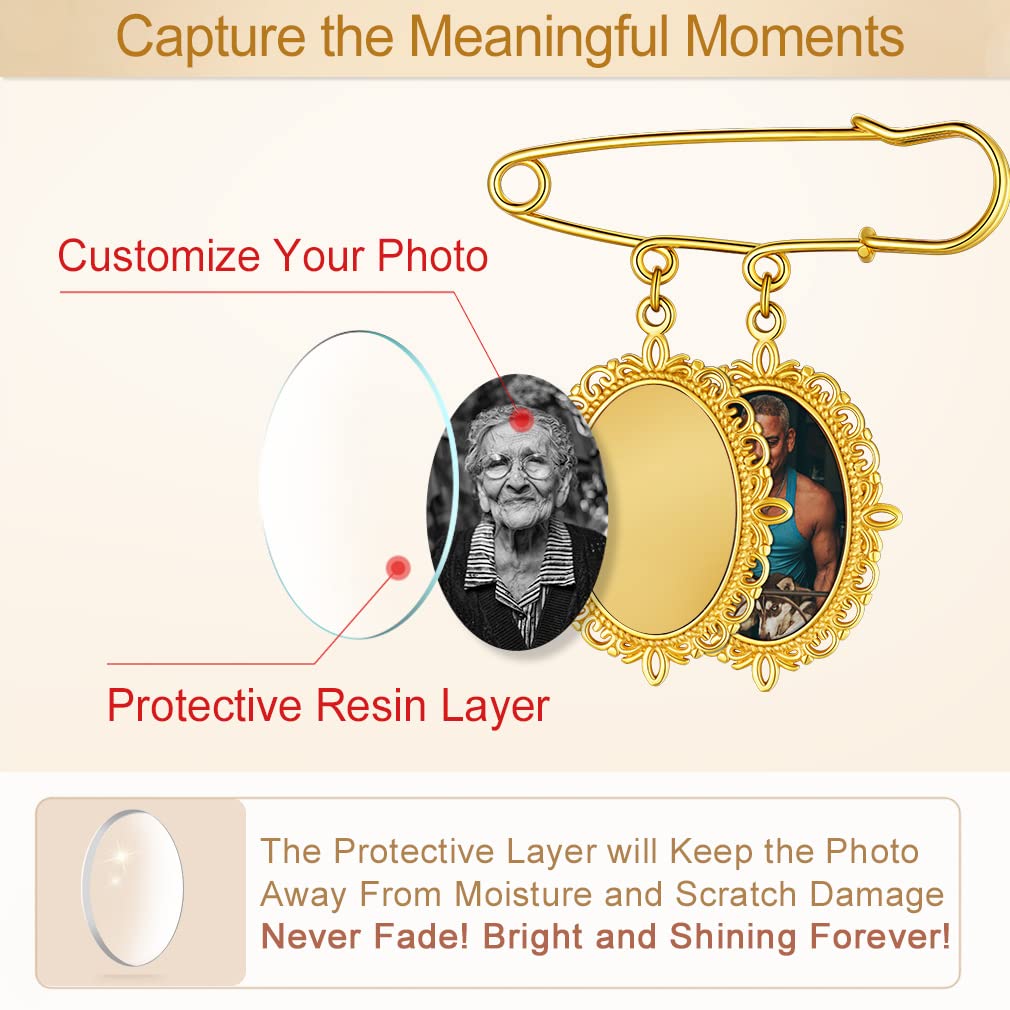 Custom4U Memorial Charm for Wedding Bouquet Oval Shaped Memory Charms Brooch Pins Funeral Boutonniere with 2 Pictures Engraved