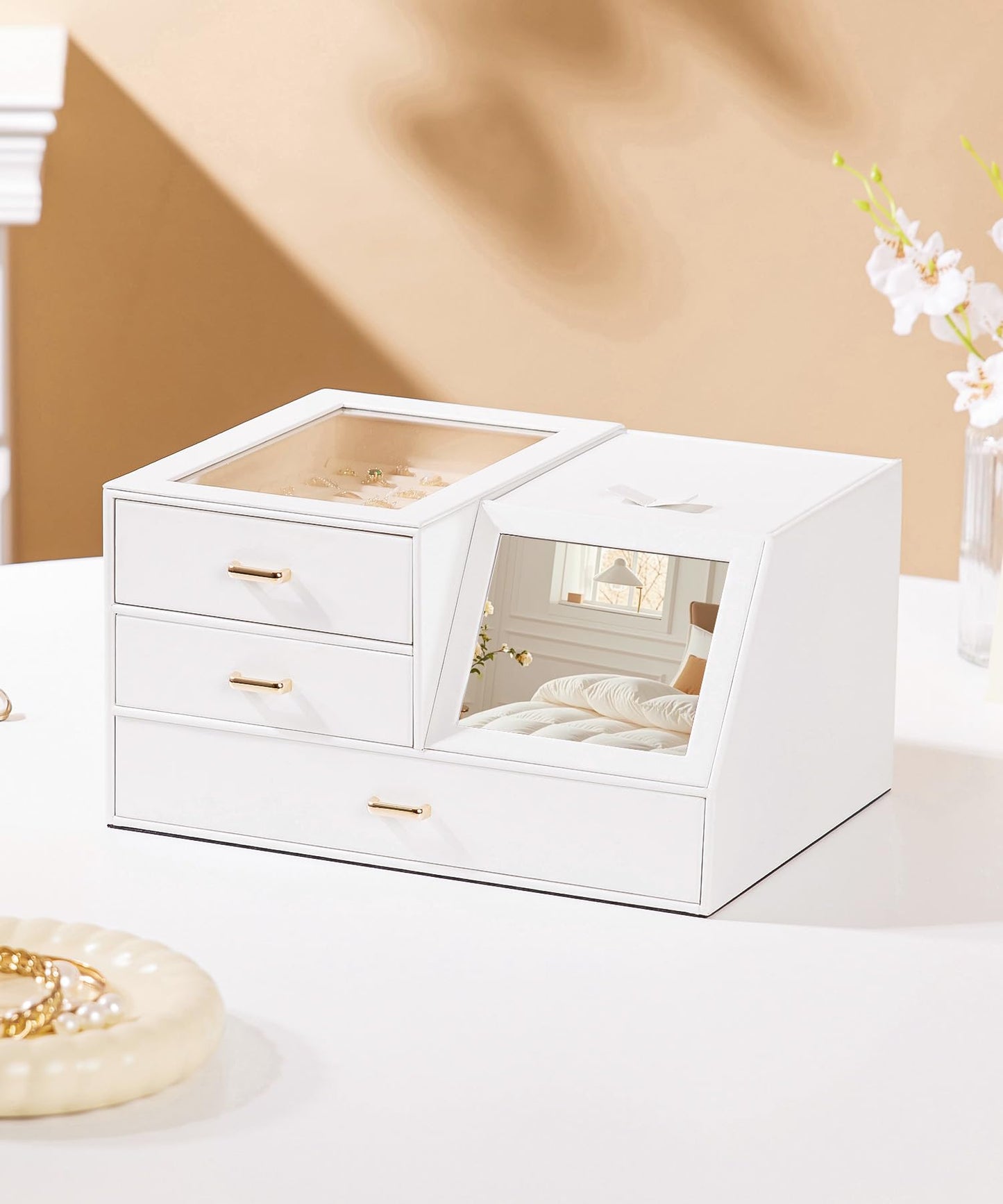 Homde Women Mirror Jewelry Box: Organizer Case with Clear Lid for Ring Necklace Earring - Gift for Young Women (White)
