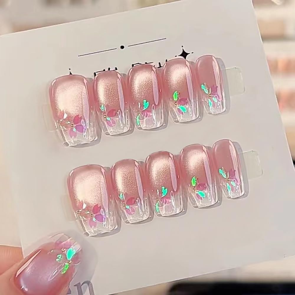 Hantyer Handmade Press on False Nails - Medium Coffin Nails, Pink Ombre French Tips with Cat Eye & Aurora Sakura Design, 10pcs Glossy Finished Reusable Gel Nails with Pearls Gift for Women (Size L)