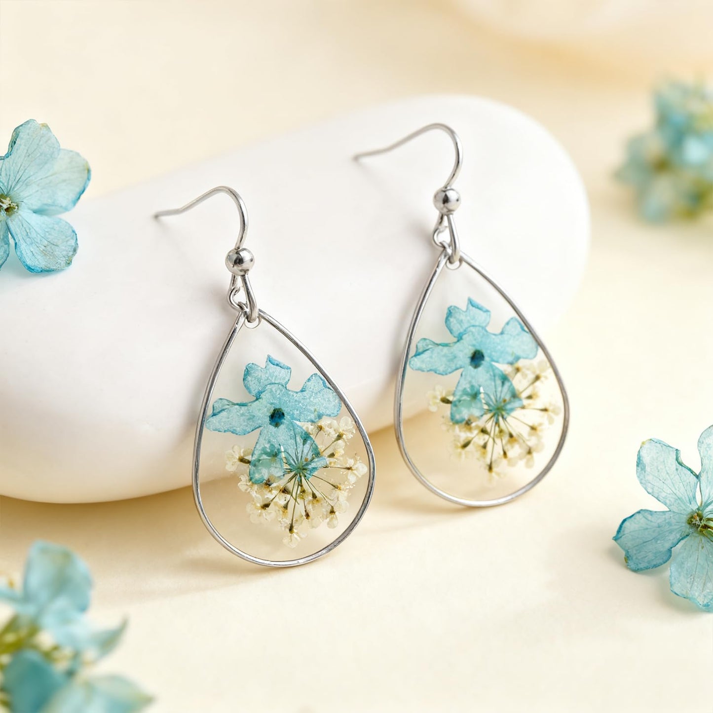 Jean Beau Handmade Pressed Flower Earrings for Women, Unique Blue Turquoise Dried Flowers Sterling Silver Teardrop Dangle Drop Nature Floral Earings Summer Jewelry Gift