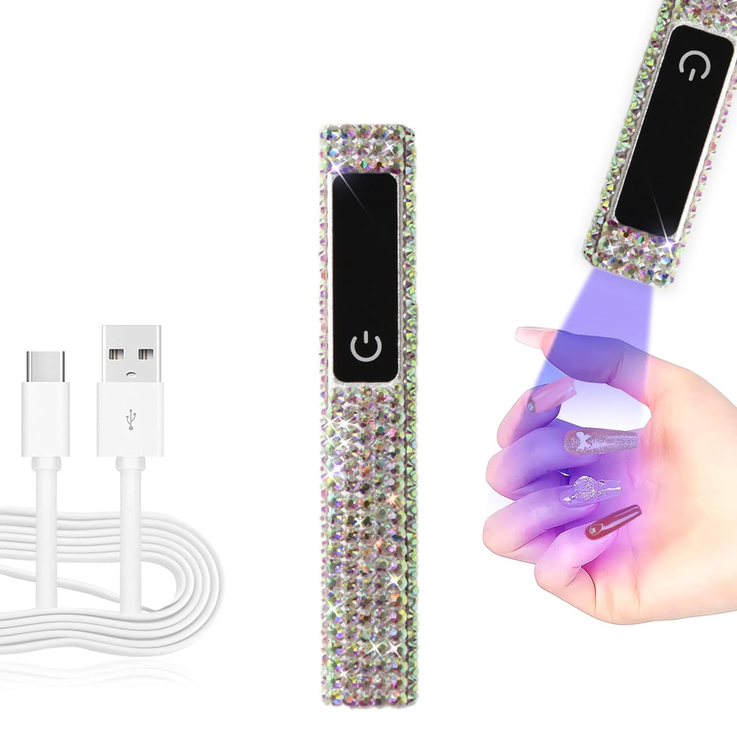 HEVOY Crystal Rhinestone UV Nail Lamp, Artificial Bling Handheld UV Light for Nails, Portable Mini Nail Light with 2 Timer and LED Display, Rechargeable USB Nail Dryer for Fast Curing Gel Polish