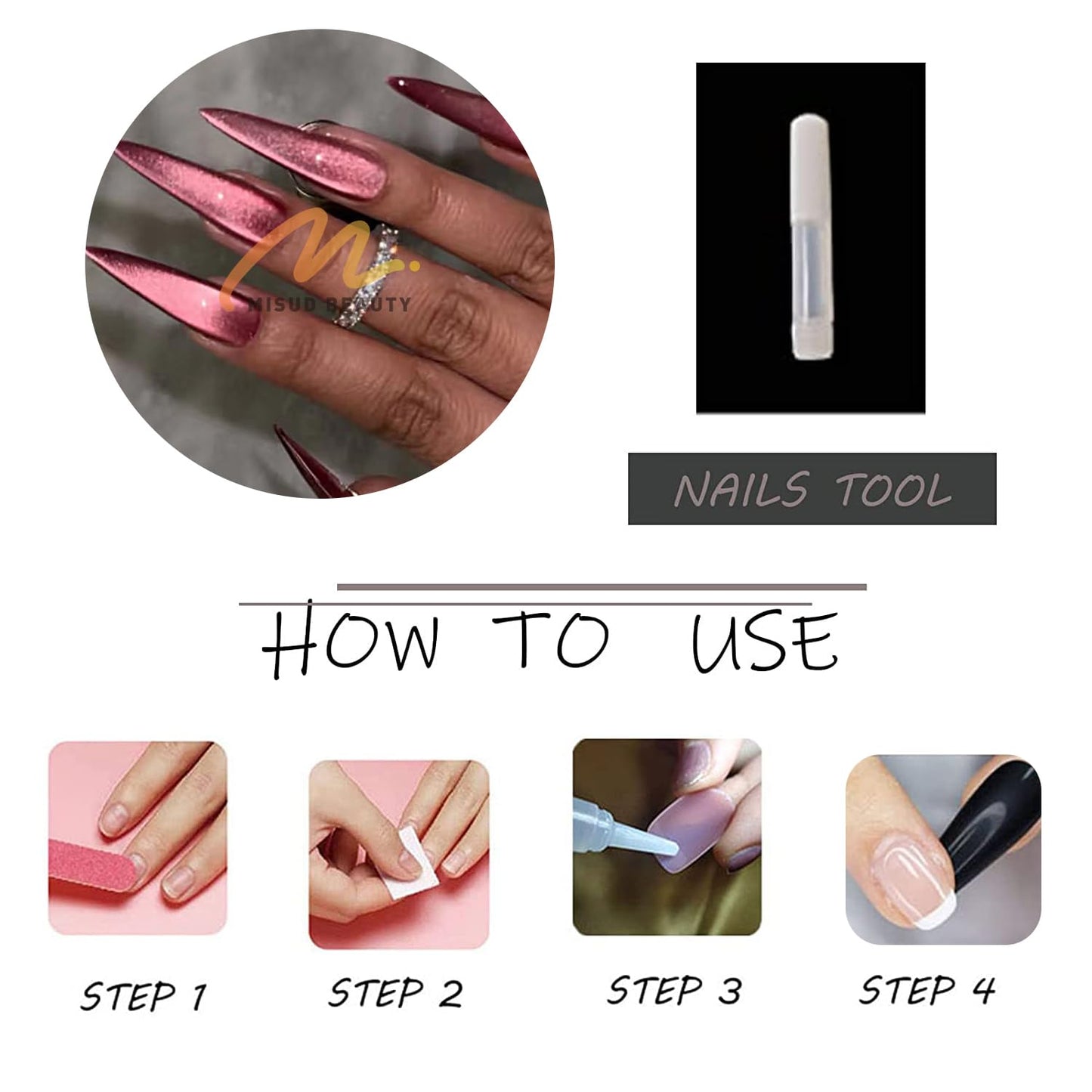 MISUD Press on Nails - Long Stiletto Fake Nails, Acrylic Summer Hot Pink Cat Eye Design 24 pcs
