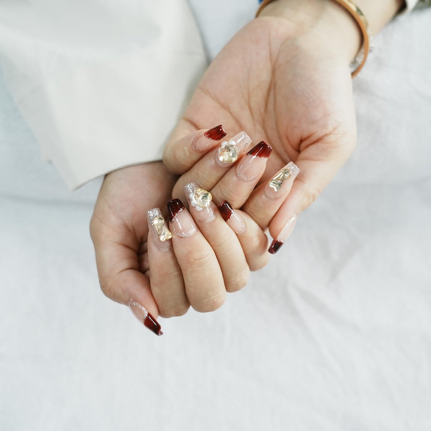 Tesytto Valentine French Tip Press On Nails Red Short Coffin - Nude Base Gold Glitter with 3D Rhinestone Decor Handmade Nails for Wedding, Party, New Year (Wine Red Romance,M)