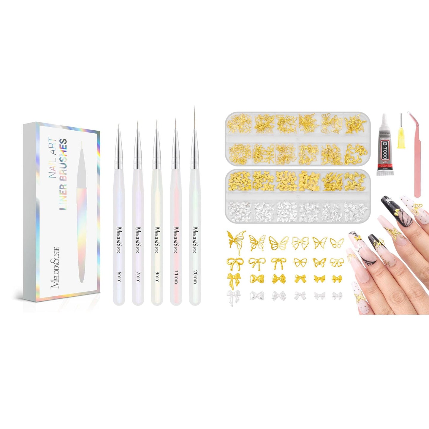 MelodySusie 5Pcs Nail Art Liner Brushes with 3D Nail Charms and Gems