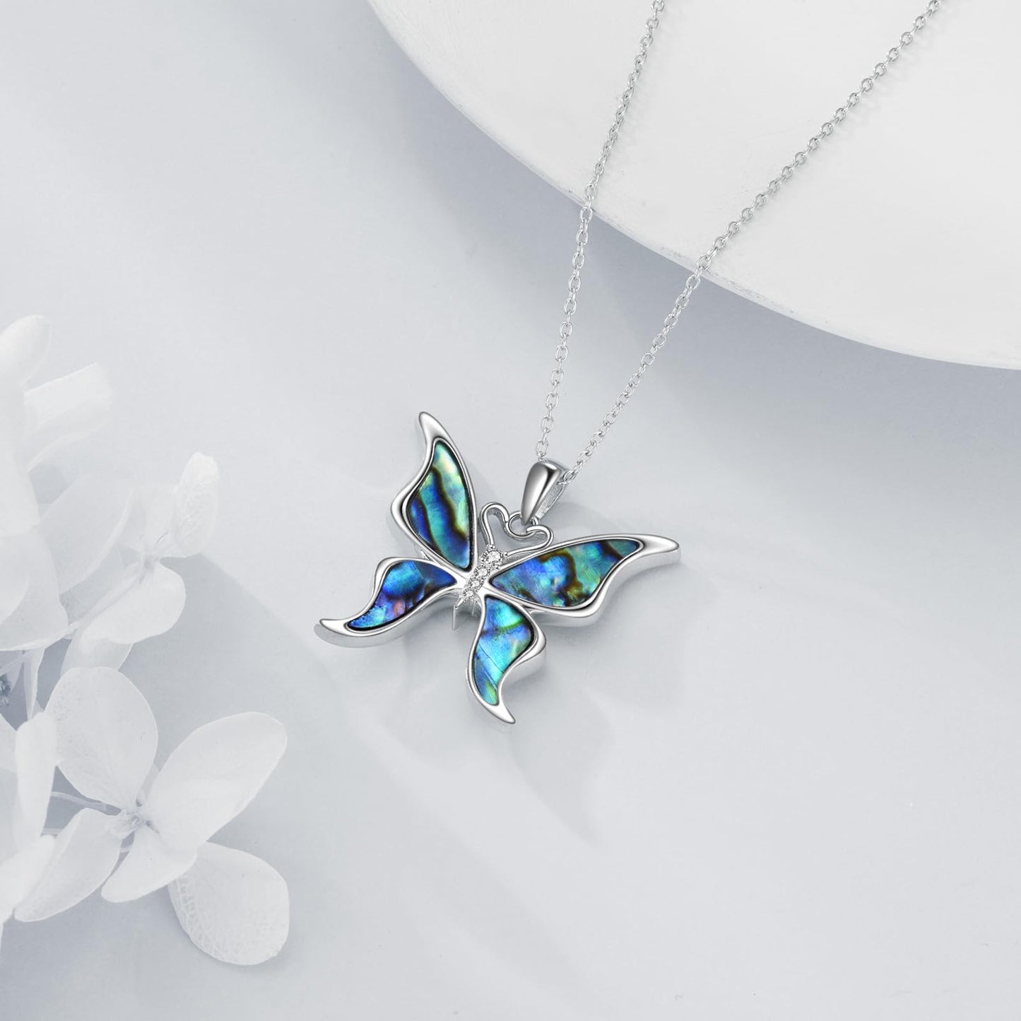 KQF Butterfly Necklace 925 Sterling Silver Abalone Shell Butterfly Pendant Jewelry Gift for Women Mom Daughter