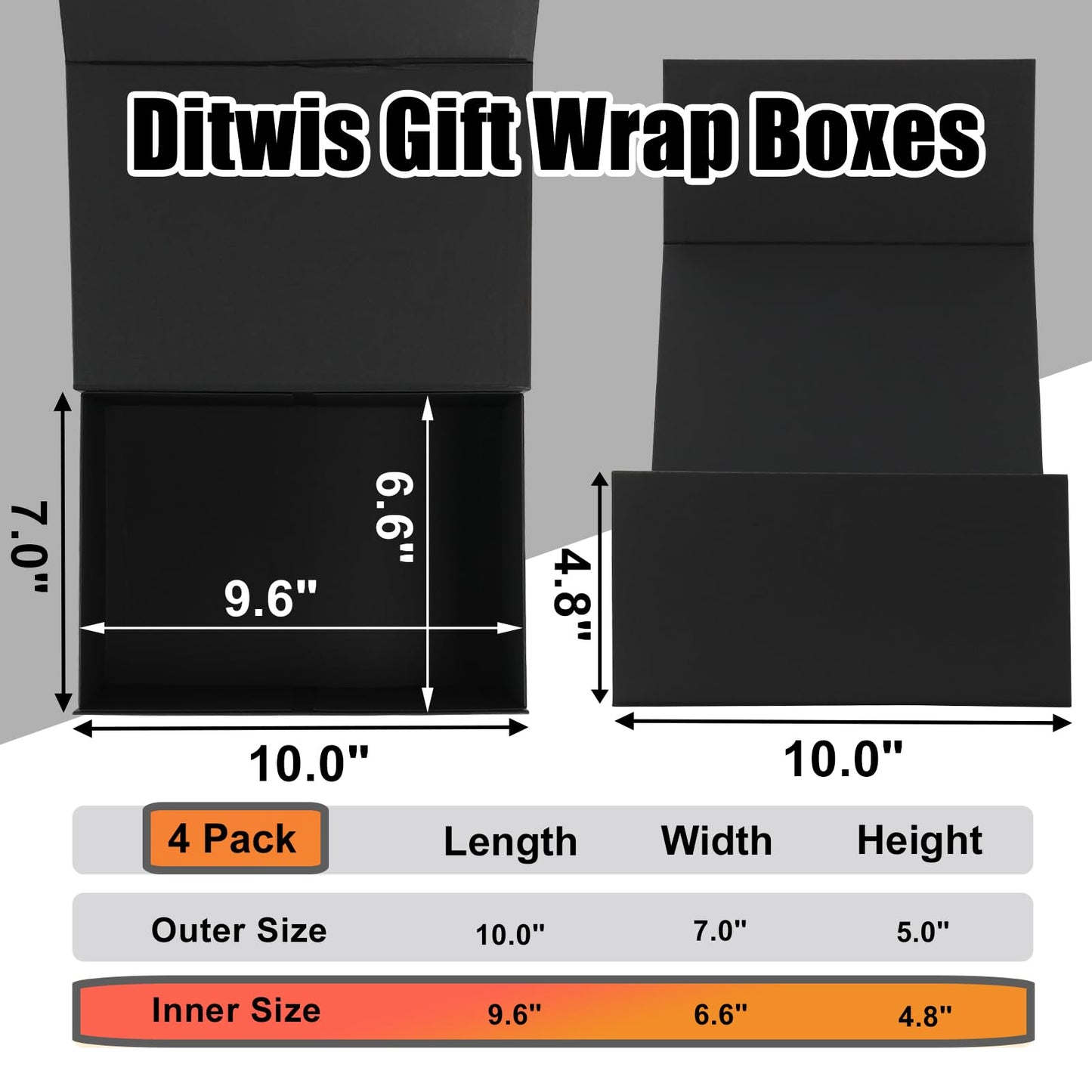 Ditwis 4 Pack 10x7x5 Inches Gift Boxes with Magnetic Closure Lids, Black Magnetic Box for Wedding, Groomsmen Bridesmaid Proposal, Birthdays, Mother's Day