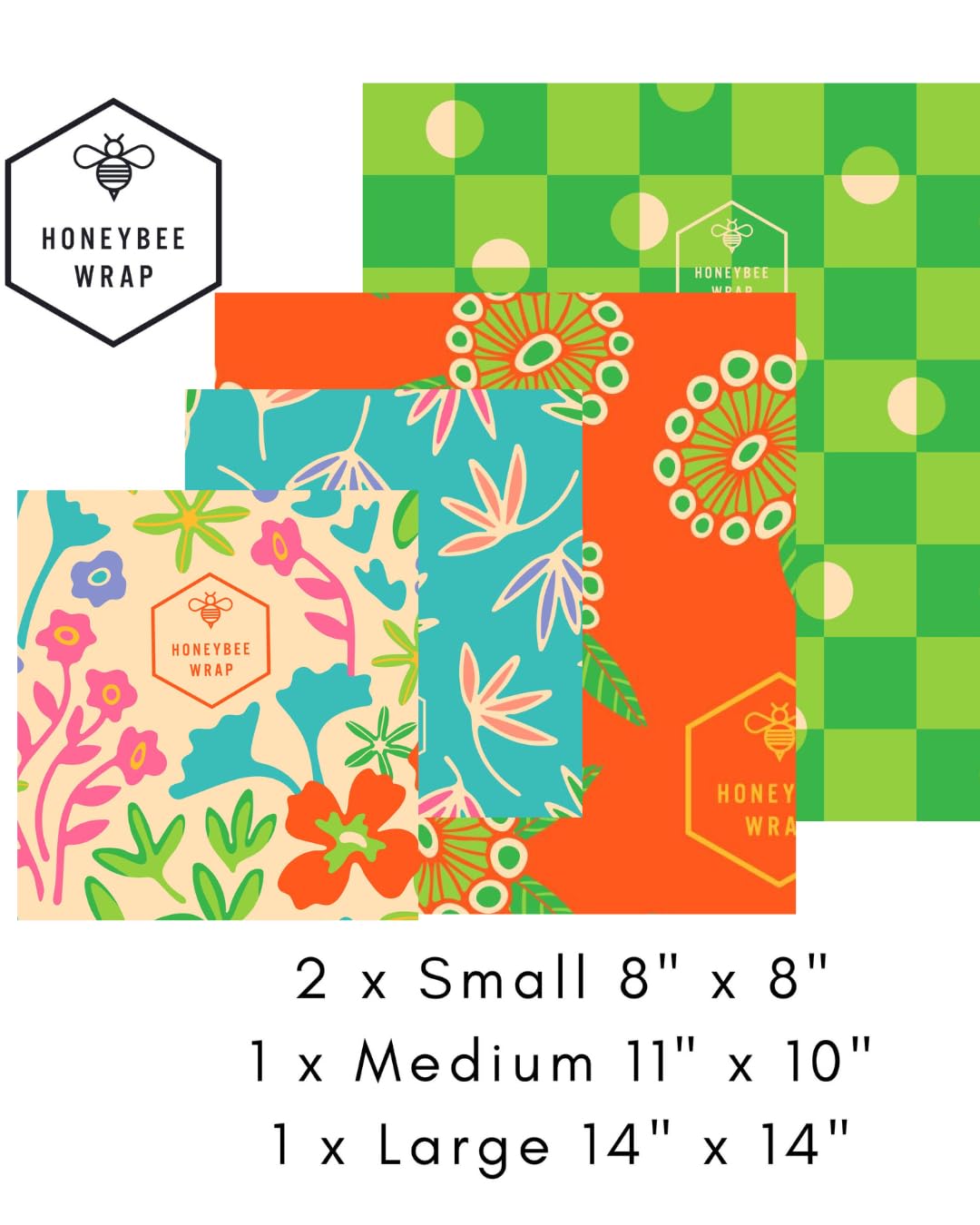 Honeybee Beeswax Wraps - Cheese Lovers Assorted Pack - Certified Organic Cotton Reusable Beeswax Wraps for Food - Plastic Wrap & Sandwich Bags Alternative - 4 Pack - Small, Medium & Large