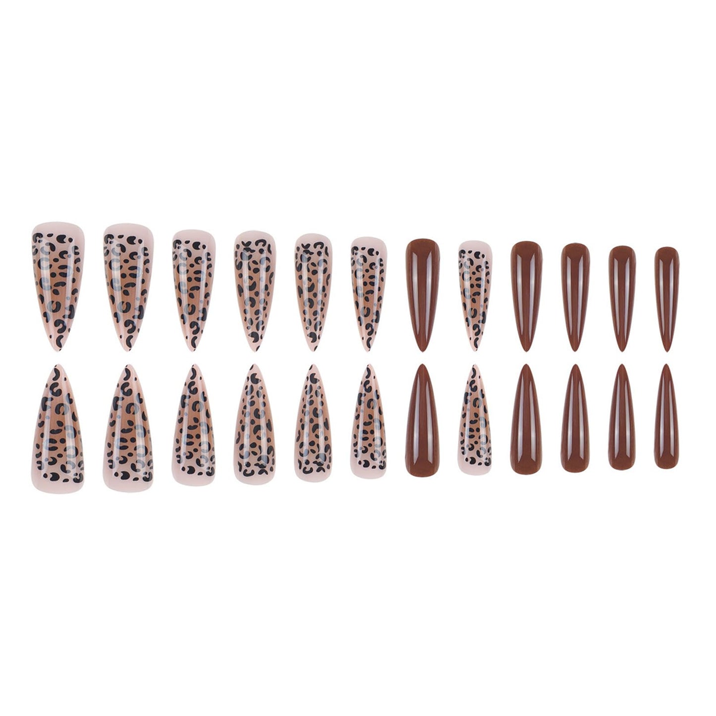 SINHOT Stiletto Press on Nails - Long Fake Nails, Glossy Finish, Brown Ombre & Leoprad Pattern, DIY Artificial False Nail Art - 24 Pcs Nail Kit with Glue