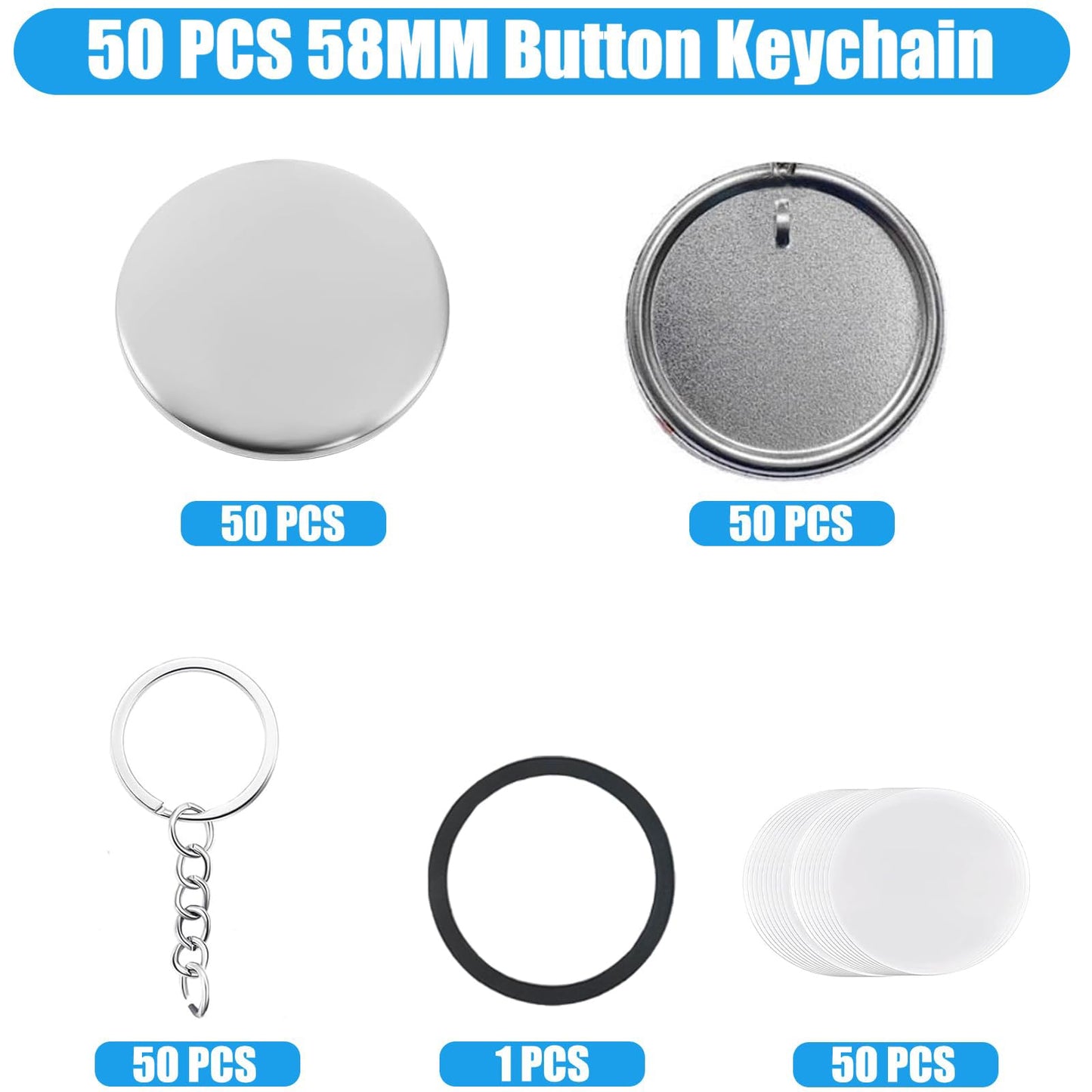 Rntfunre 200 PCS 58mm/2.25 inch Button Maker Keychains Supplies, Metal Badge Sets with Metal Shell Back Cover, Transparent Film and Chain Head