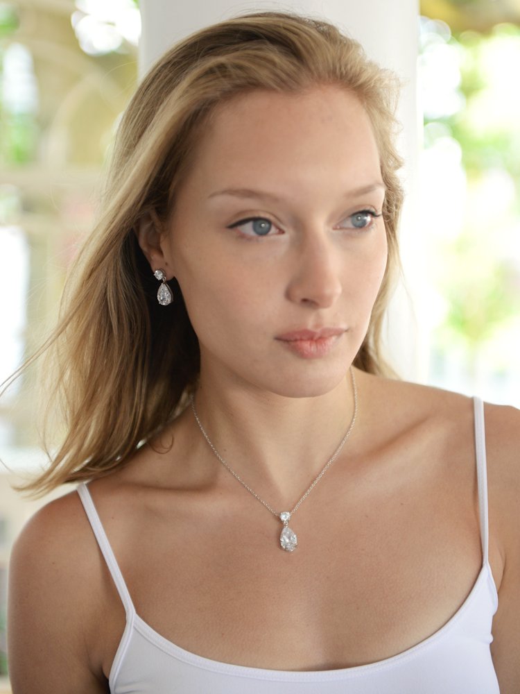 Mariell Glamorous Pear-Shaped Cubic Zirconia Wedding Necklace and Earrings Set for Brides or Bridesmaids