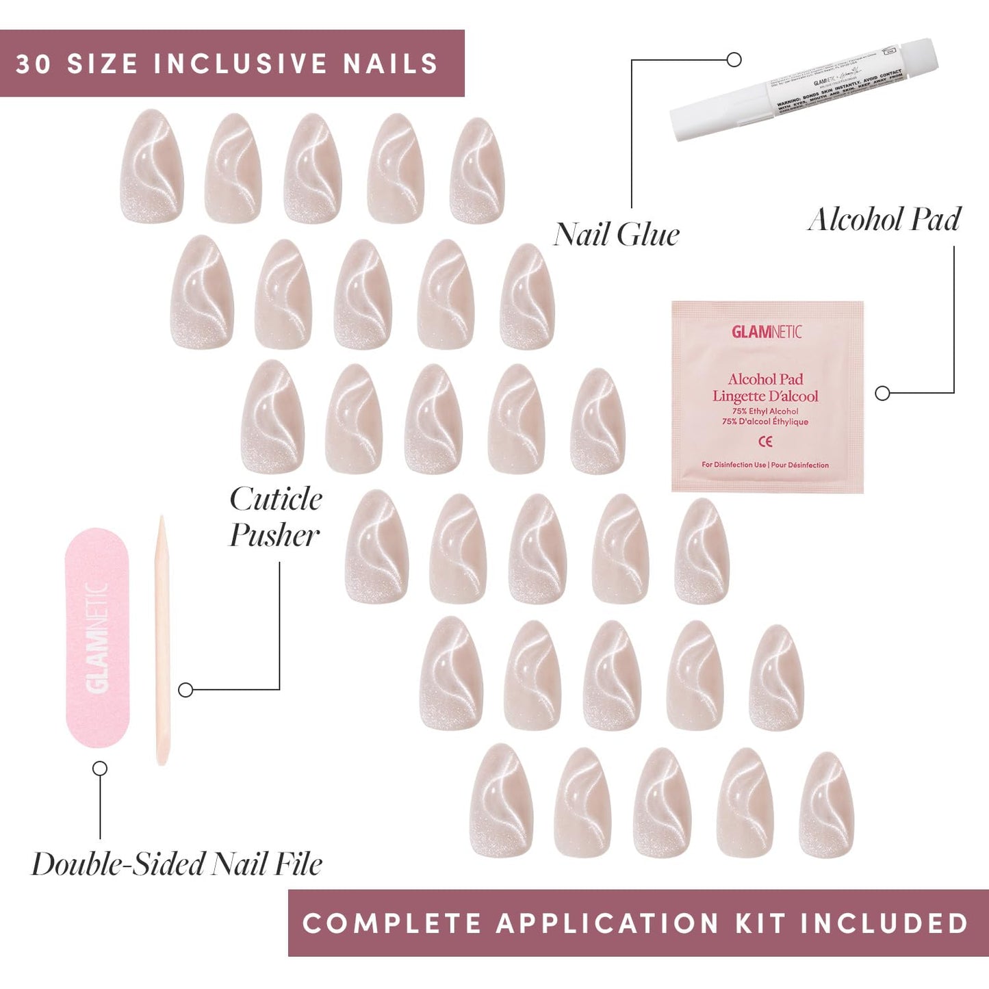 Glamnetic x GLAMZILLA Press-On Nails & Adhesive Nail Tabs - WOO-MAN! | Gray Short Almond Fake Nails with Velvet Cat Eye | 15 Sizes - 30 Nail Kit with Adhesive Tabs