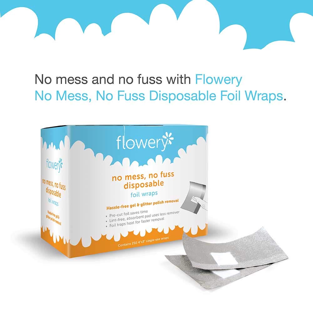 Flowery No Mess, No Fuss Disposable Foil Wraps, Pre-Cut Soak-Off, Gel, Glitter Nail Polish Remover, 250 Wraps Per Pack
