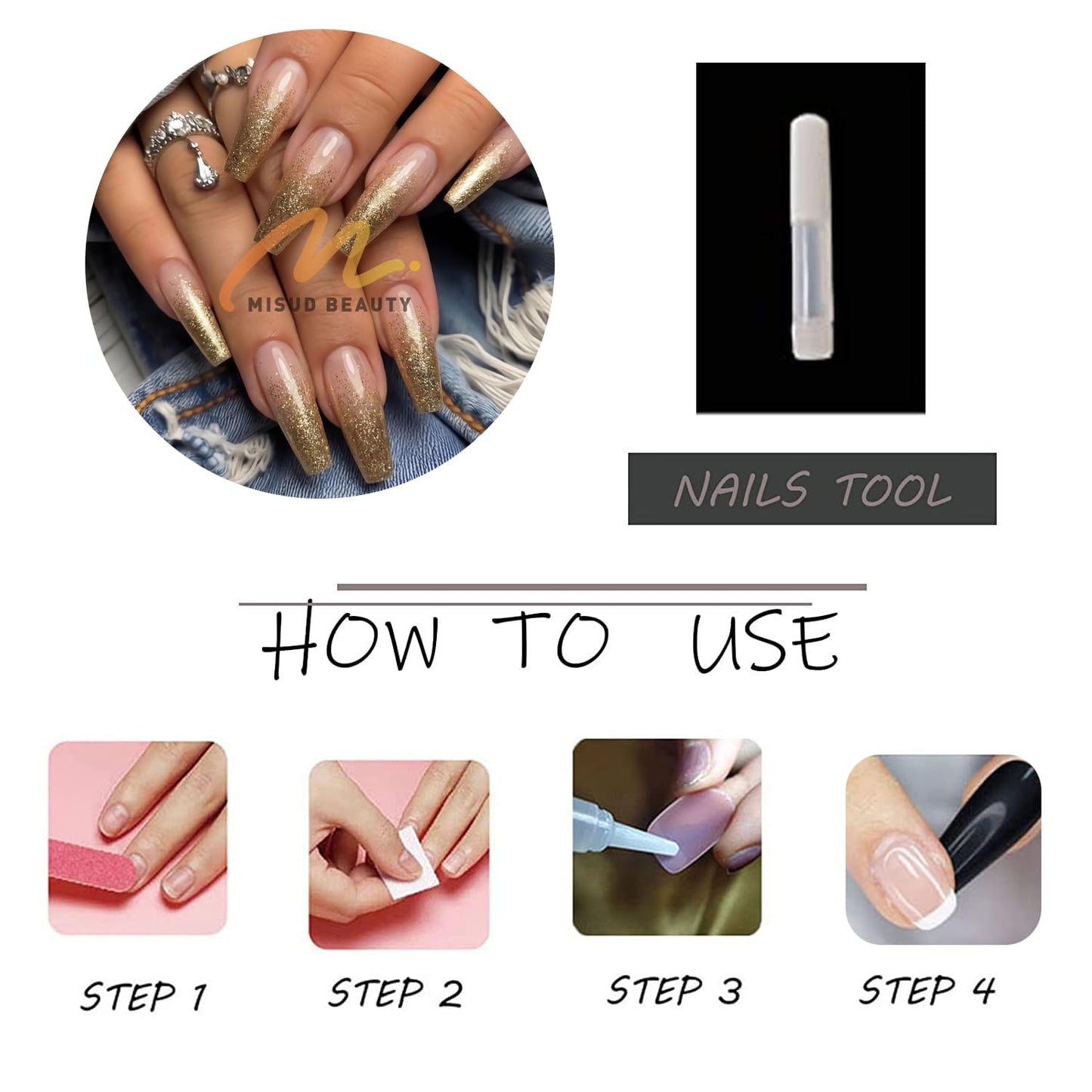 MISUD Press on Nails - Long Coffin Fake Nails with Nude Gel, Acrylic Bling Gold Glitter Design 24 pcs