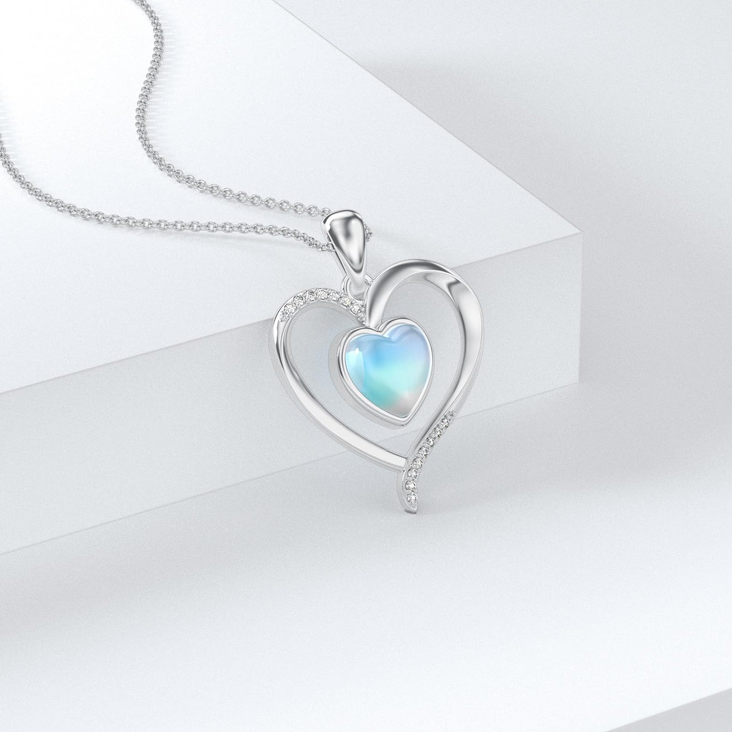 OUTANG Moonstone Heart Necklace for Women 925 Sterling Silver Simple Heart Pendant Ladies Jewelry Gifts