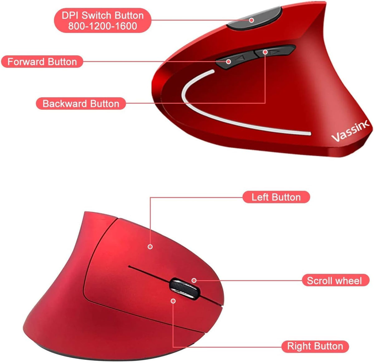 Vassink Ergonomic Rechargeable Wireless Mouse, 2.4Hz Rechargeable Wireless Vertical Optical Mice with USB Receiver, 6 Buttons, 800/1200/1600 DPI RED