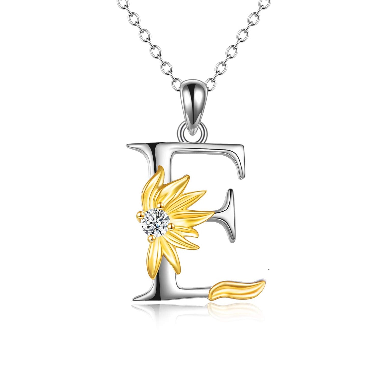 POPLYKE Sterling Silver Initial Alphabet Letter Script Name Pendant Chain Necklace for Women for (Sunflower E)