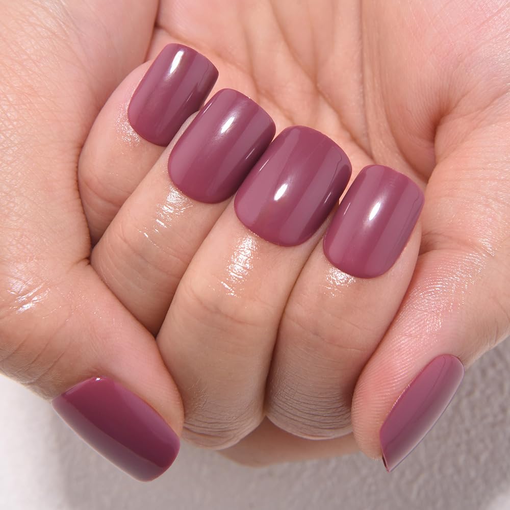 evpct Maroon Glossy Press on Nails Short Square No Glue, Glossy Maroon Fake Nails Summer Reusable, Acrylic False Nail Stick on Press ons for Women Gift, Perfectly Fit Durable False Nail Kit 30Pcs