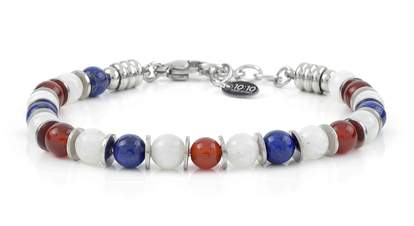 10:10 Beaded Bracelet for Men and Women – Natural Gemstone and Stainless Steel – Adjustable, Durable and Elegant – Made in Italy - Carnelian - Moonstone - Lapis Lazuli
