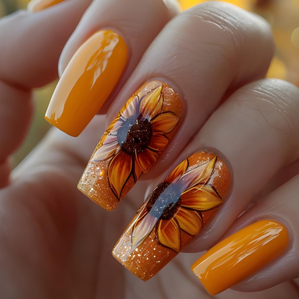 Glitter Yellow Flower Press on Nails Medium Coffin Fake Nails Flower False Nails with Sunflower Designs Glossy Stick on Artificial Nails Spring Summer Acrylic Nail Decorations for Women 24 pcs