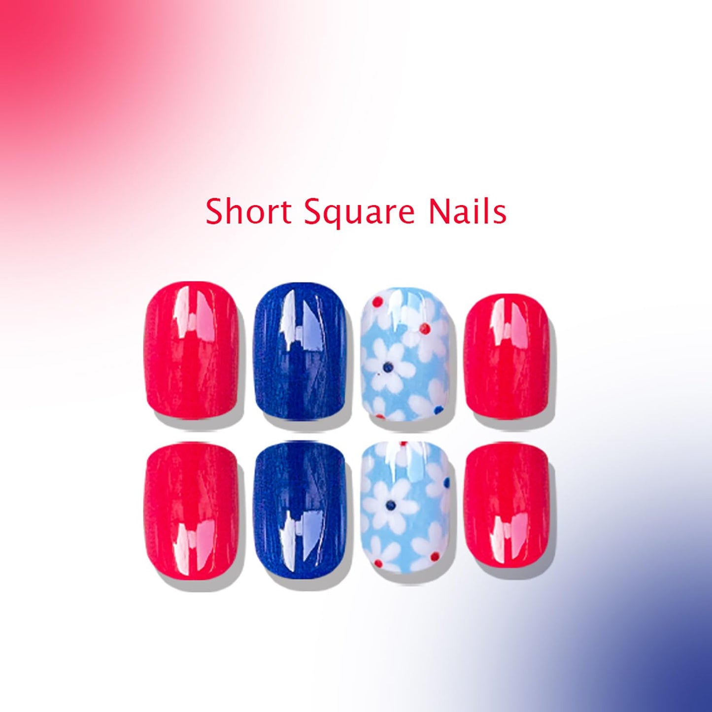 Flower Press On Nails Square Short Fake Nails Acrylic Nails Press Ons Blue Red False Nails With White Flowers Designs Full Cover Glue On Nails Glossy Spring Summer Stick On Nails For Women