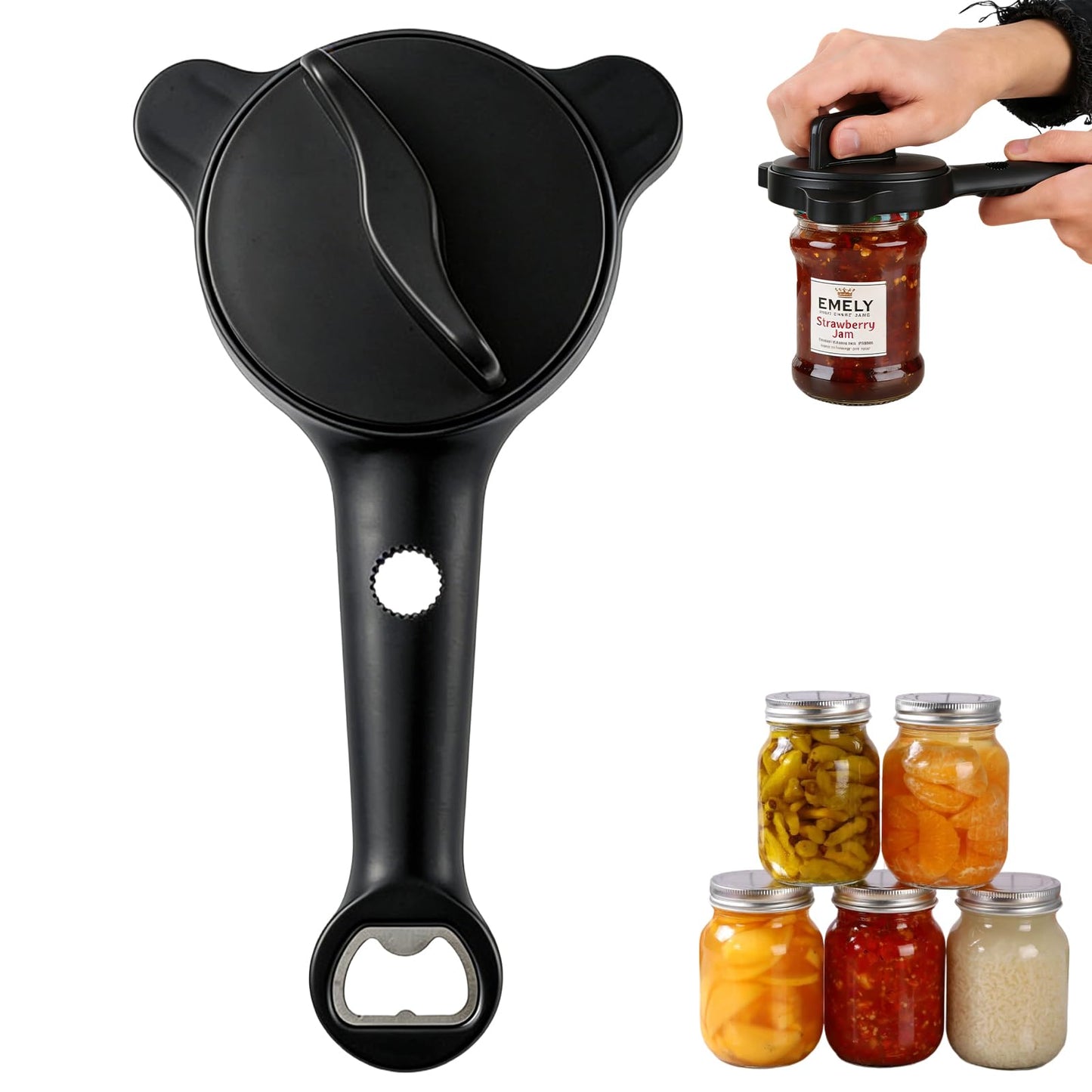 Multi-Functional Retractable Jar & Bottle Opener, Magnetic Stainless Steel Can Opener with Ergonomic Handle, Friendly Kitchen Gadget (black)