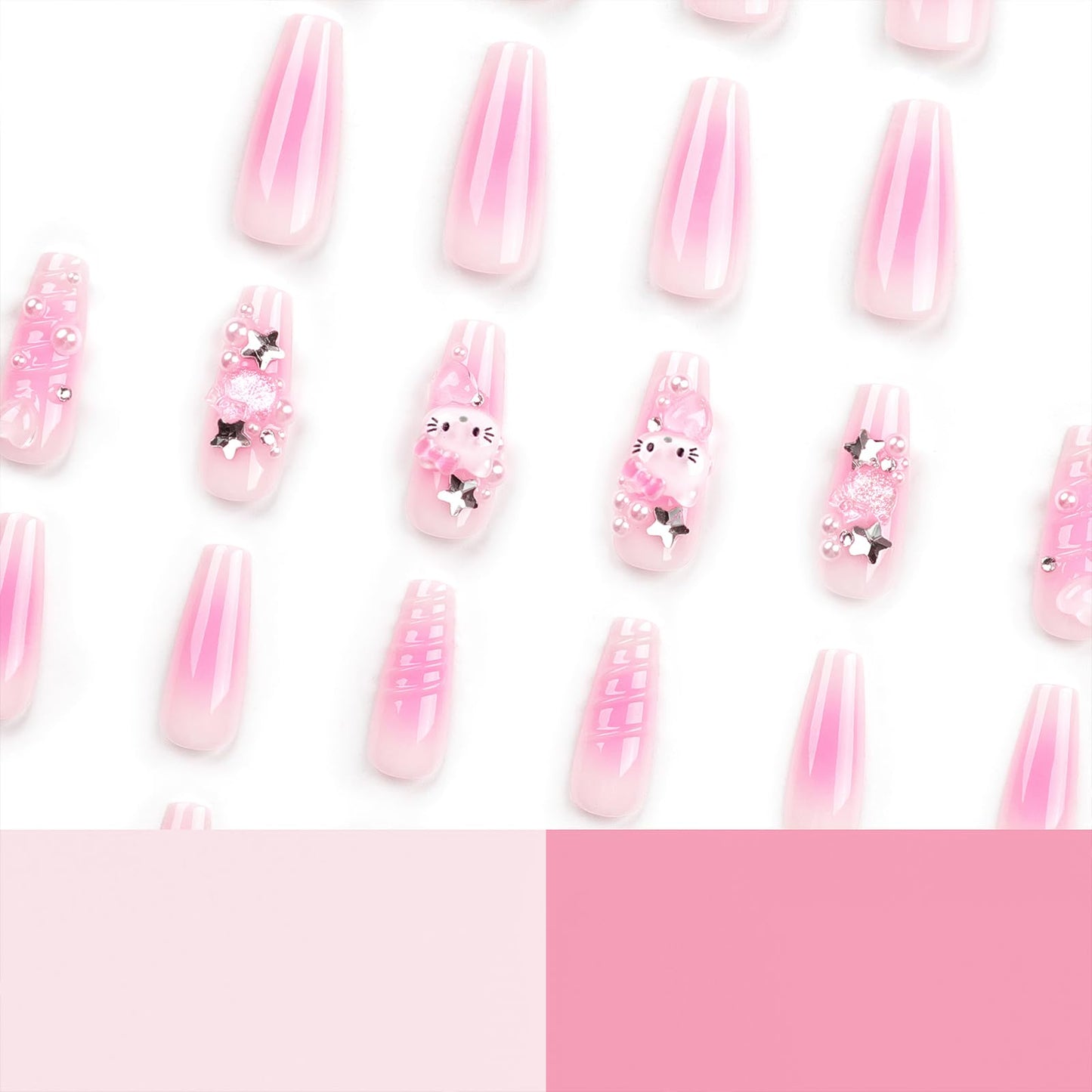 PDFADSK Pink Press on Nails Long Square Coffin Fake Nails Cartoon False Nails with 3D Pearl Nail Charms Design Acrylic Nails Full Cover Pink Artificial Nail for Women 24Pcs