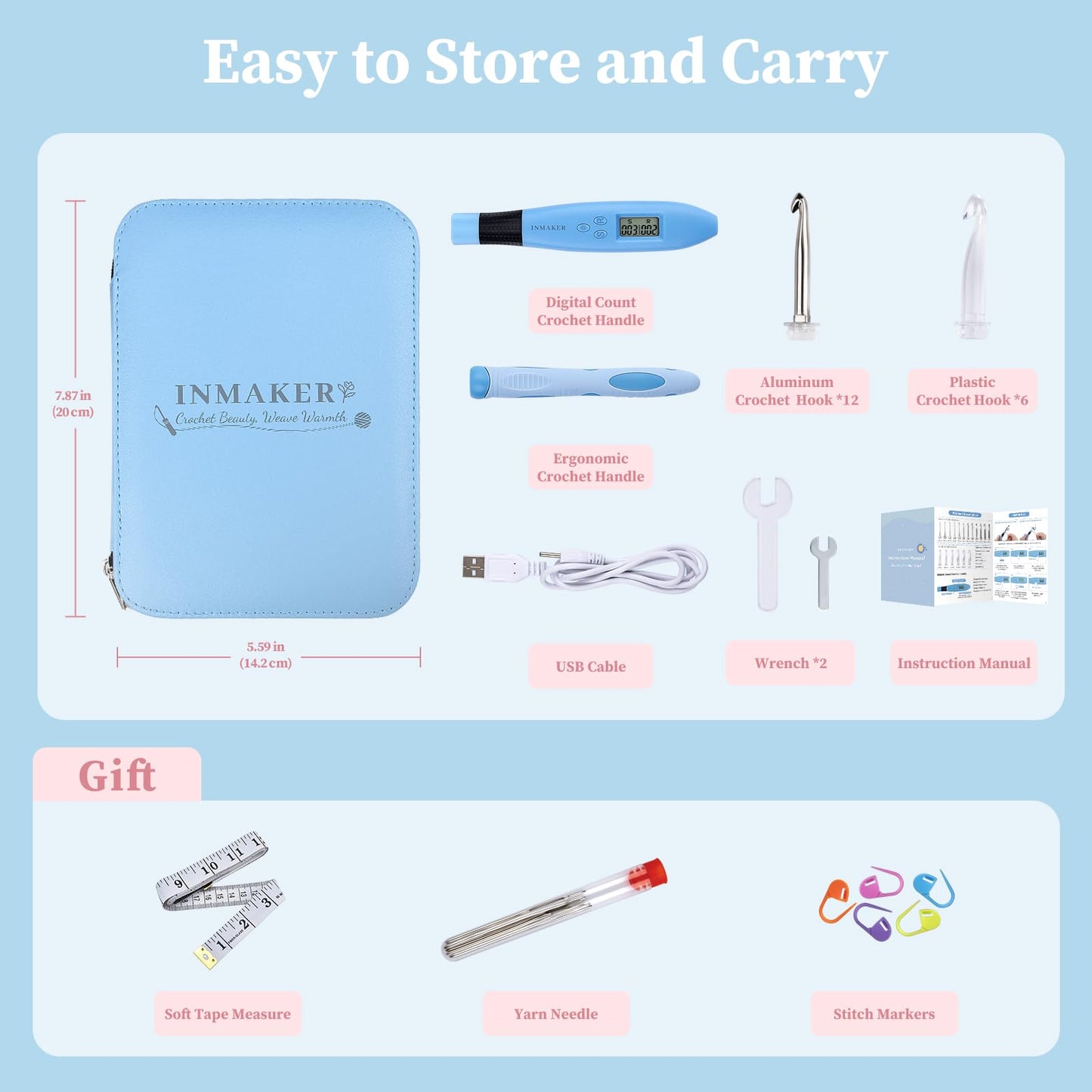 INMAKER Light up Crochet Hooks Ergonomic Soft Grip, Large Counting Crochet Hook Set Digital, Lighted Crochet Needles Kit with Case