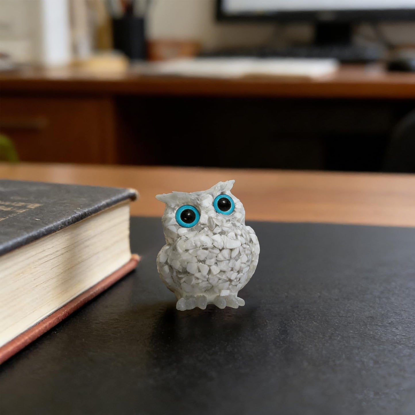 PinpinPony Owl Statue, Natural Gemstones Decor for Home Office, Shelf Display Figurine, Handcrafted Unique Owl Sculpture(White)