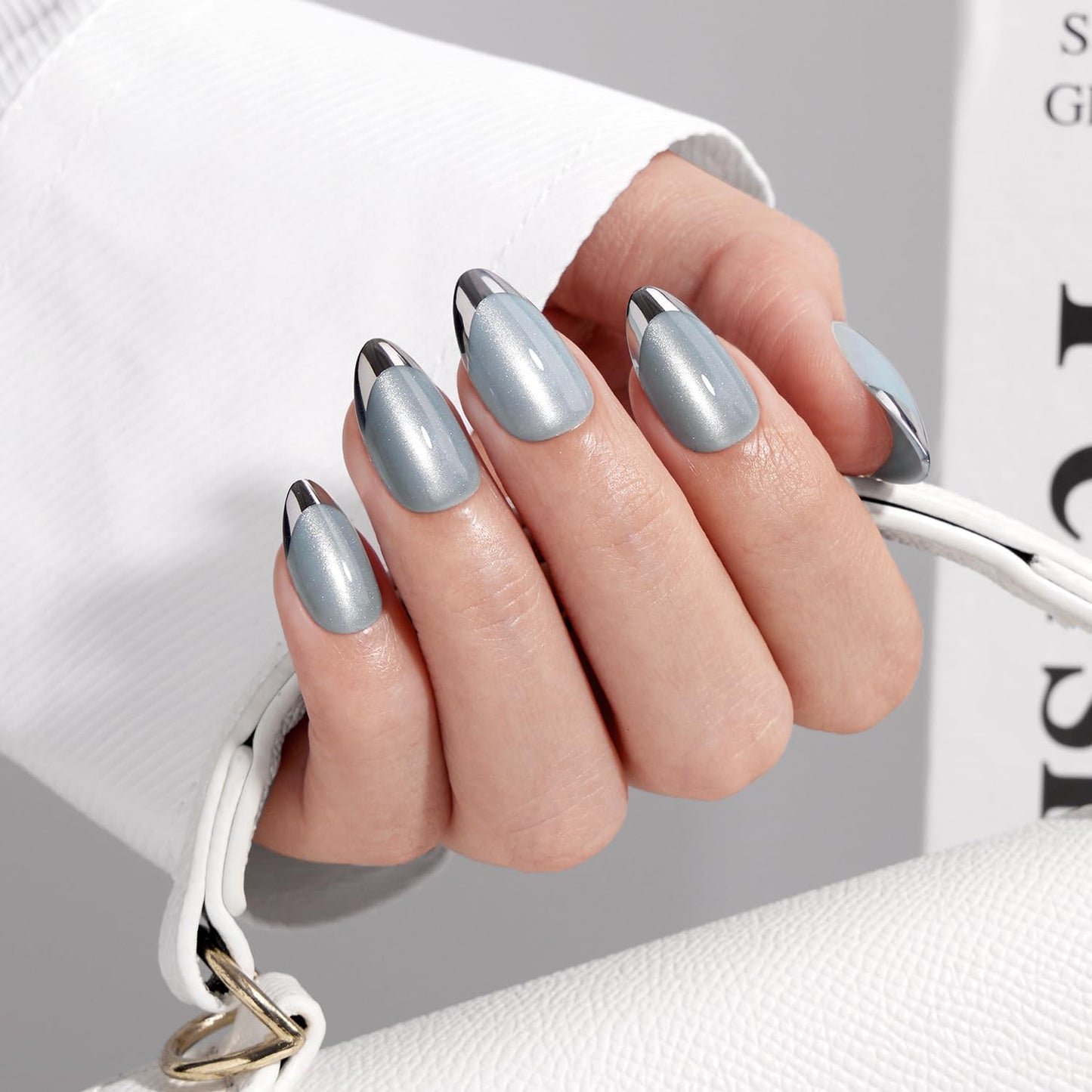 VSALON Almond Short Press on Nails, Silver Chrome Finish Sky Blue Glossy French Tip Reusable False Nails, 32 pcs Opaque Fake Nails Kit in 16 Sizes with Glue & Cuticle Oil