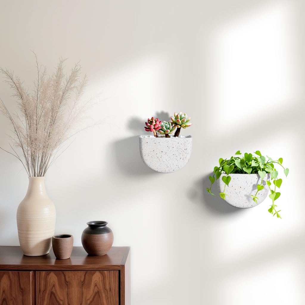 Asnext 2 Pack Wall Hanging Planter Pots for Indoor and Outdoor Plants, 7 Inch Half-Moon-Shaped Plastic Wall Planter, Wall Mounted Succulent Planters (Speckled White)
