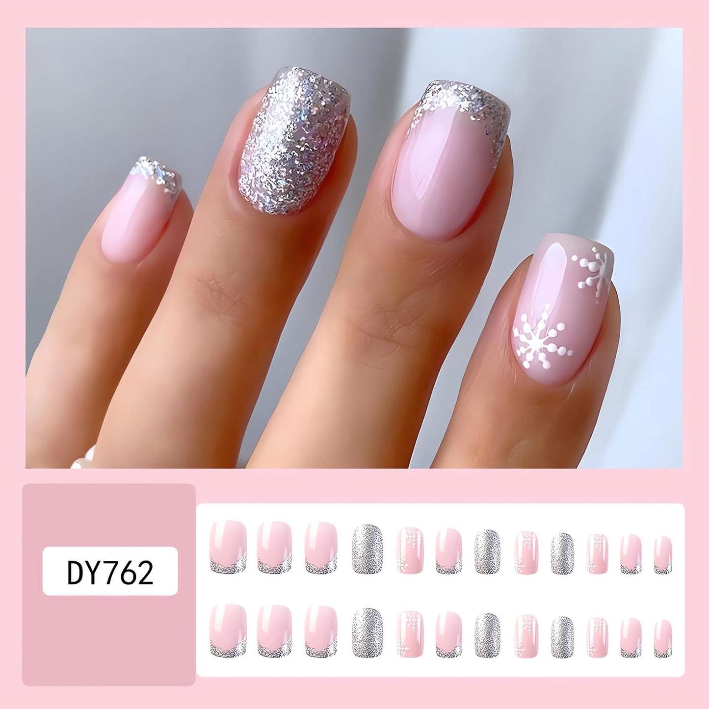 Christmas Snowflake Press on Nails French Tip Fake Nails Glossy Silver False Nails Tips with White Snowflake Designs Acrylic Nails Press ons Winter Glue on Nails Short Square Stick on Nails for Women