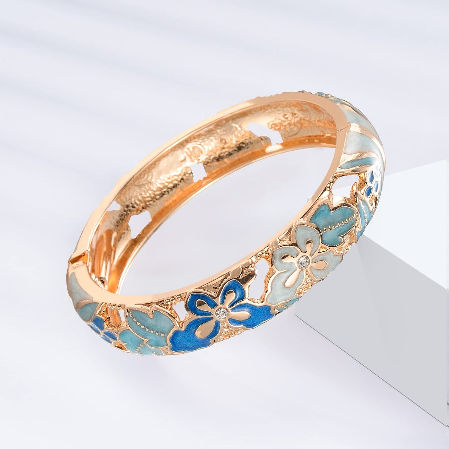 UJOY Fashion Cloisonne Bracelets Plated Butterfly Filigree Enameled Womens Gifts Bangles Spring Hinged 88A09-55A102 Blue
