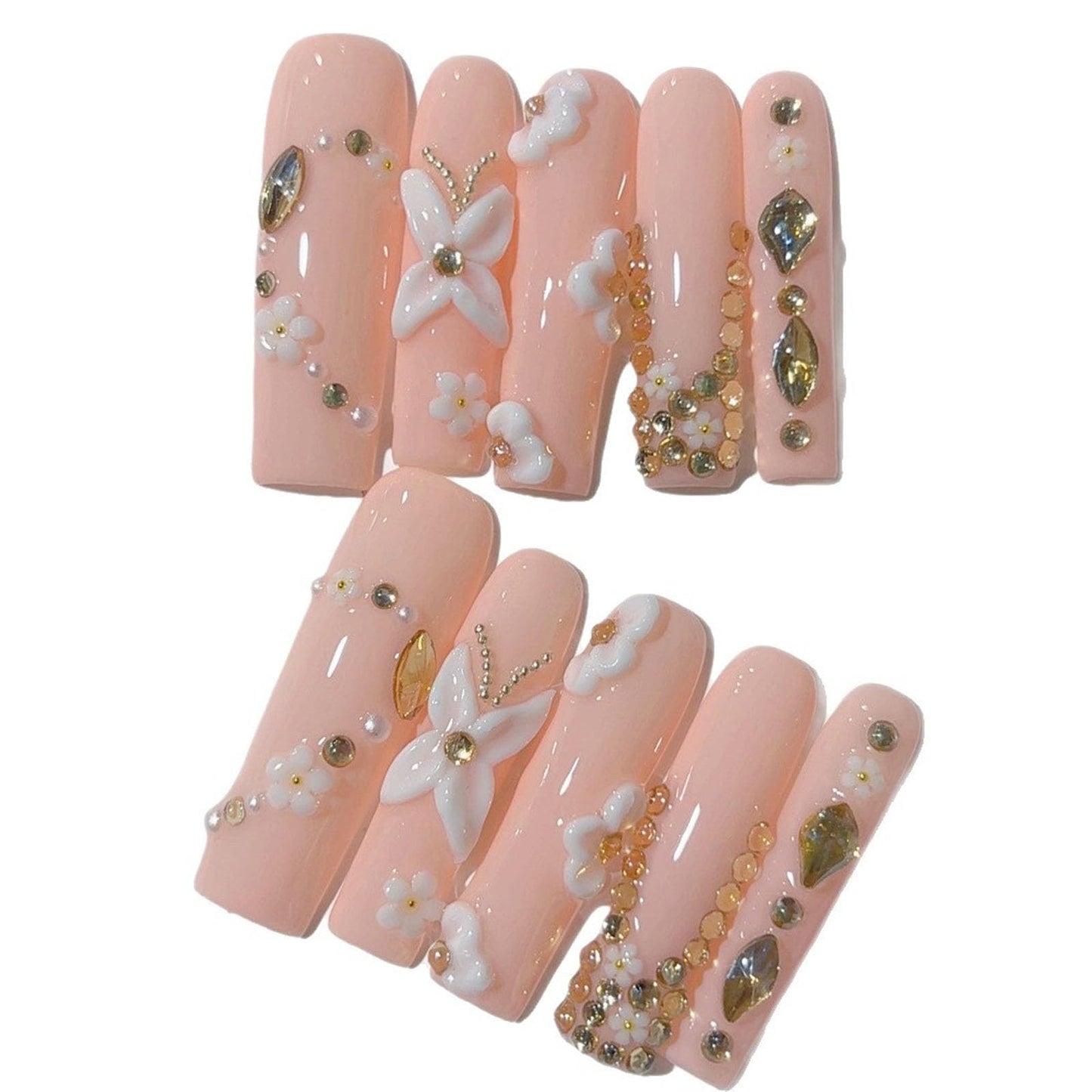 10 Pcs Extra Long Handmade Press on Nails Square Fake Nails with 3D Flowers Rhinestones Charms Curve Design Pink Acrylic False Nails Long Press Ons Nails for Women Wedding Party Manicure - M Size