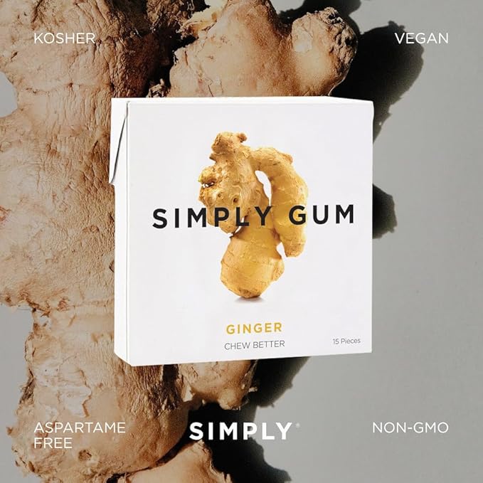 SIMPLY Gum Ginger, Plastic-Free Natural Chewing Gum, Made with real Ginger, 12 Pack (180 Pieces) | Vegan, Kosher, Non GMO, Aspartame Free and Sorbitol Free