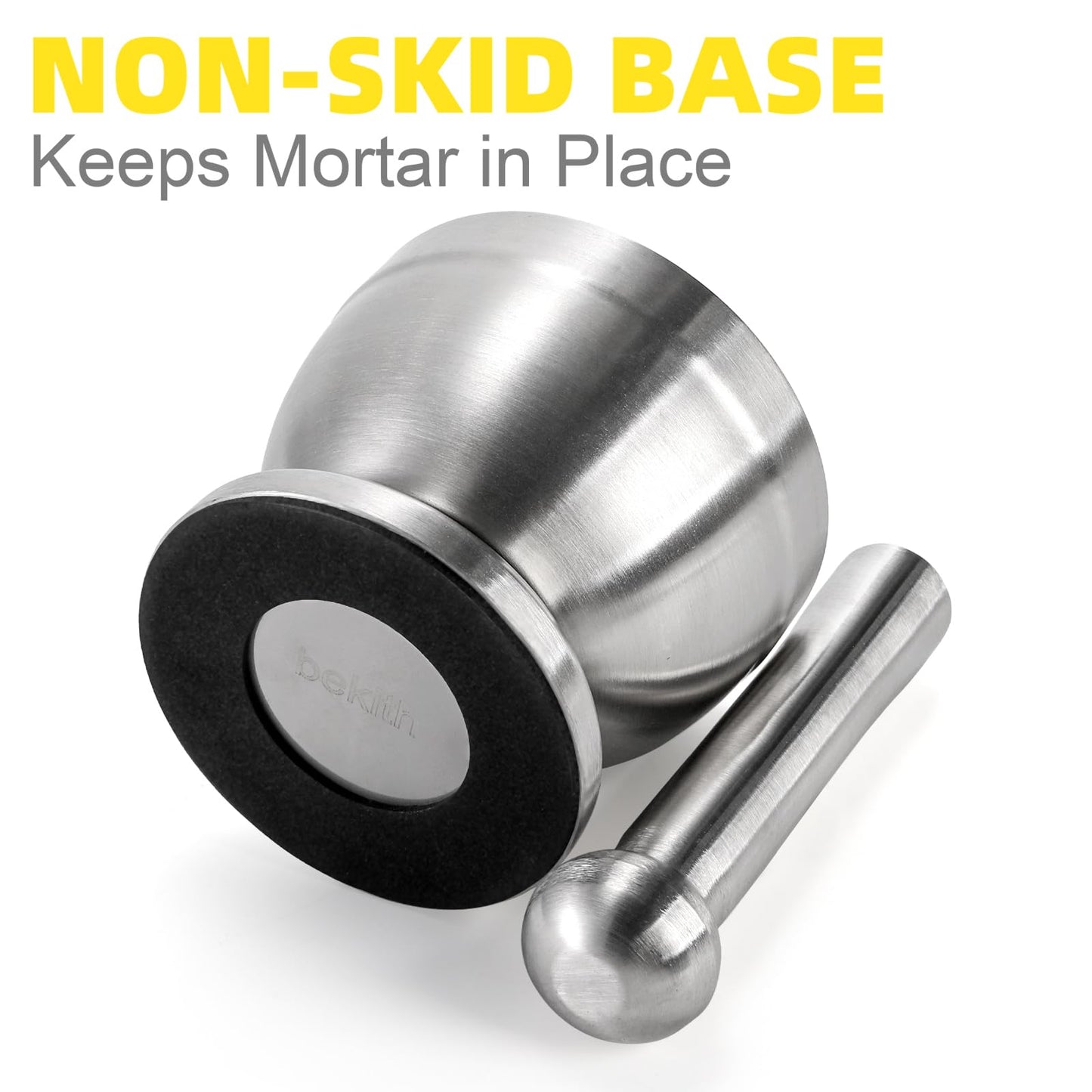 Bekith Mortar and Pestle Sets 18/8 Brushed Stainless Steel Spice Grinder Pill Crusher Molcajete Herb Bowl