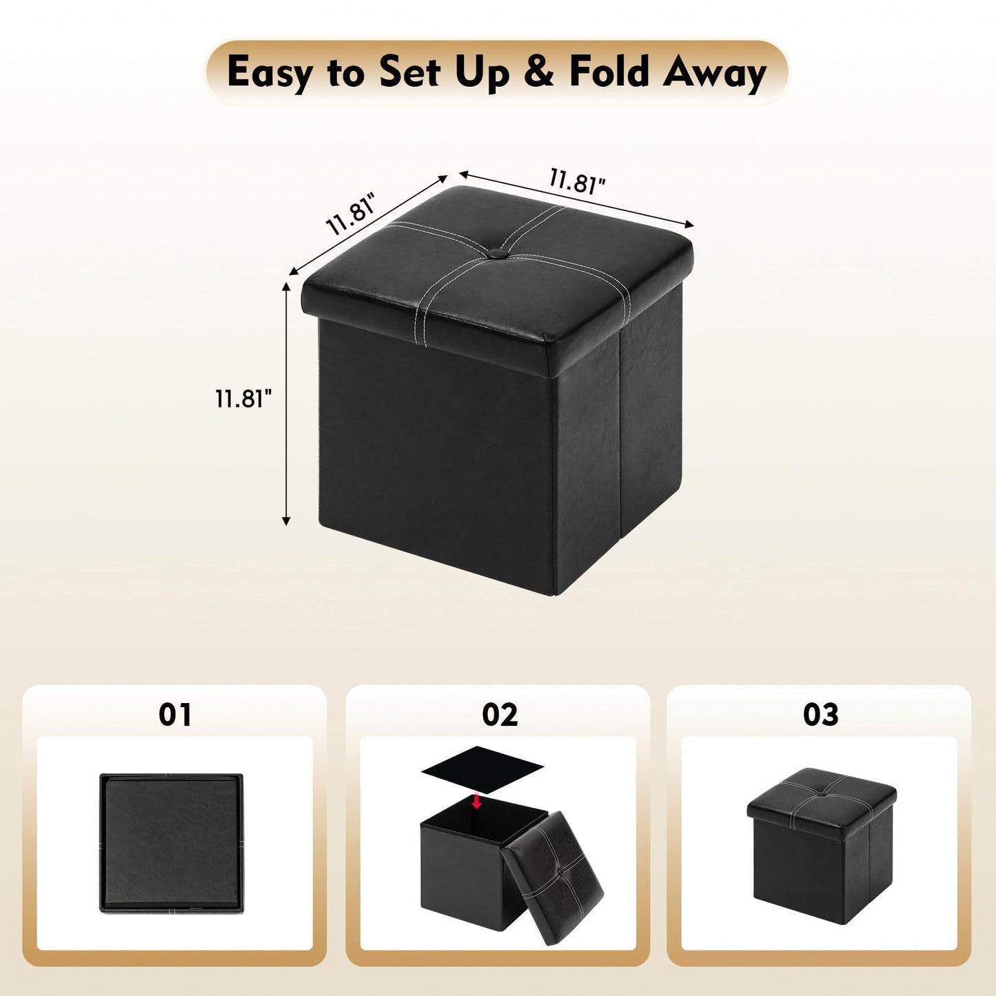 B FSOBEIIALEO Storage Ottoman with Faux Leather Foldable Small Square Foot Rest Coffee Table Black 11.8"X 11.8" X 11.8"