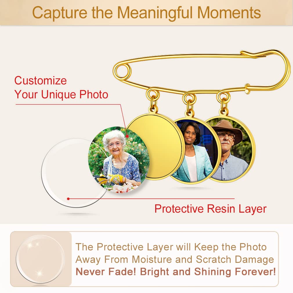 Custom4U Wedding Charms for Bouquet Custom 3 Picutres Customized Photo Pins Round Shaped Memory Charm Funeral Boutonniere