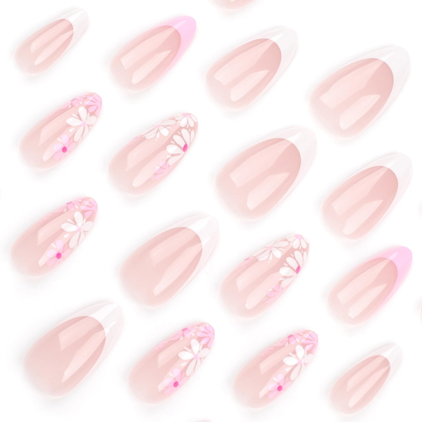 French Tip Press on Nails Medium Almond Fake Nails Spring Flowers Acrylic Nails Pink Floral False Nails Glossy Artificial Glue on Nail for Women Manicure Nail Decoration 24Pcs