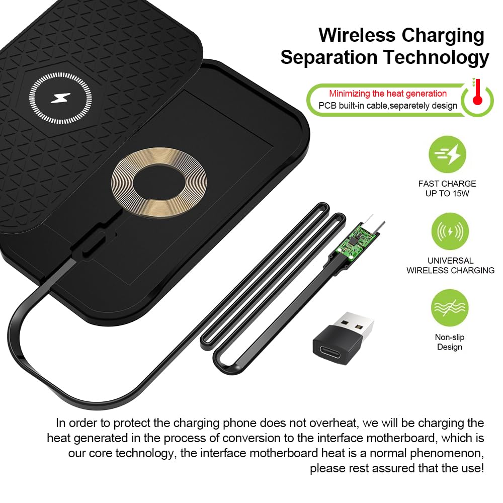Wireless Car Charger Silicone Pad, for iPhone12/11 Pro/XS/XR/8/8Plus,15W Fast Car Wireless Charging Non-Slip Mat, for Samsung S21/S22/S23/S24/S25/Androids,80cm Cable, Black
