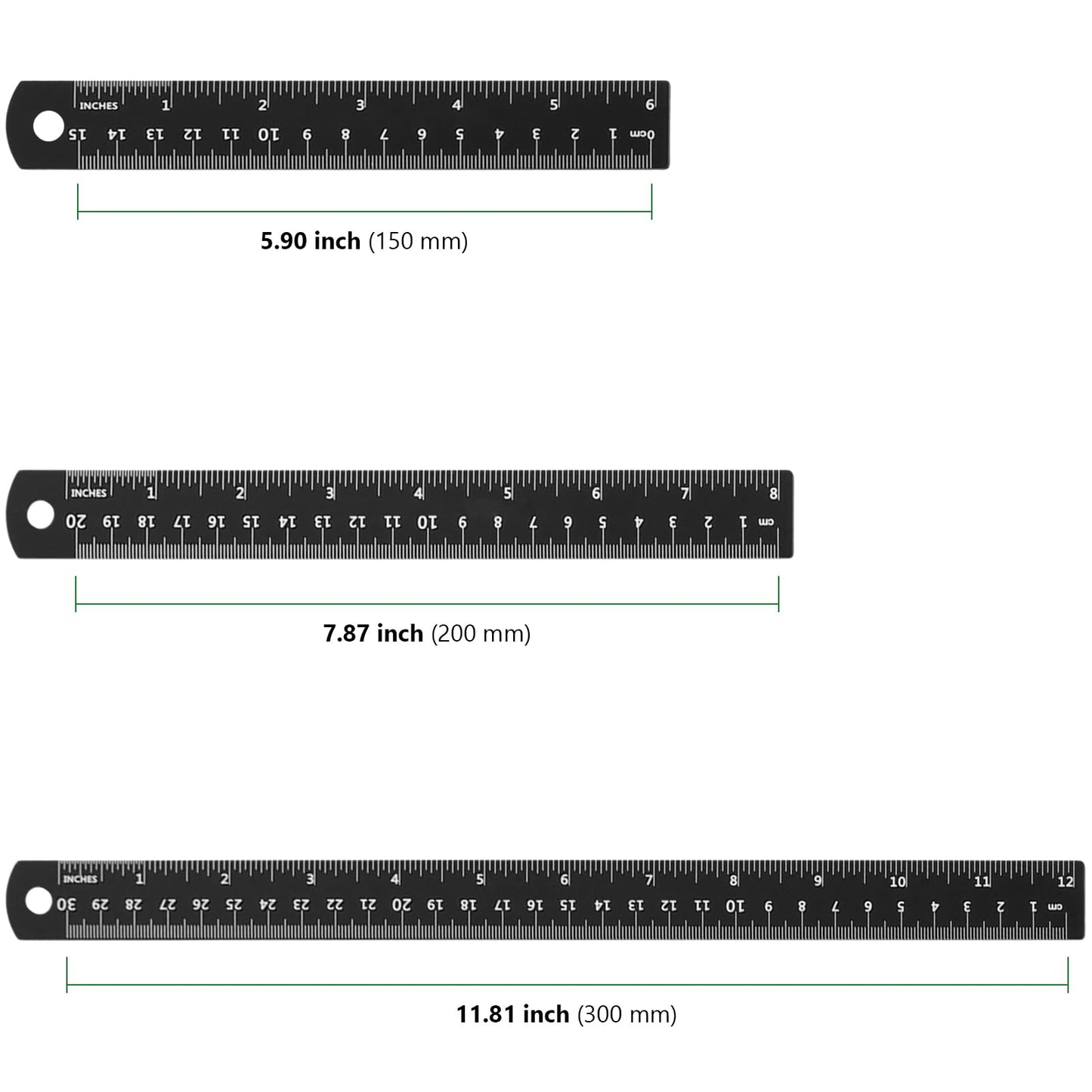 HAKZEON 30 Pack Metal Ruler Set 6/8/12 Inch with Conversion Table, Black Aluminum Alloy Rulers, Straight Edge Ruler Set for Office Engineering, Measuring and Drafting