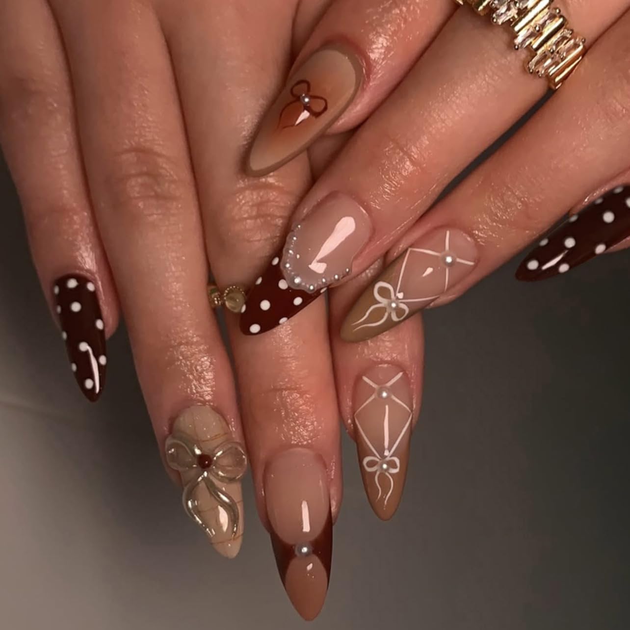 Almond Press on Nails Medium - Spot Fake Nails with Bow Design - Pearl False Nails Press Ons - for Women Manicure 24 Pcs