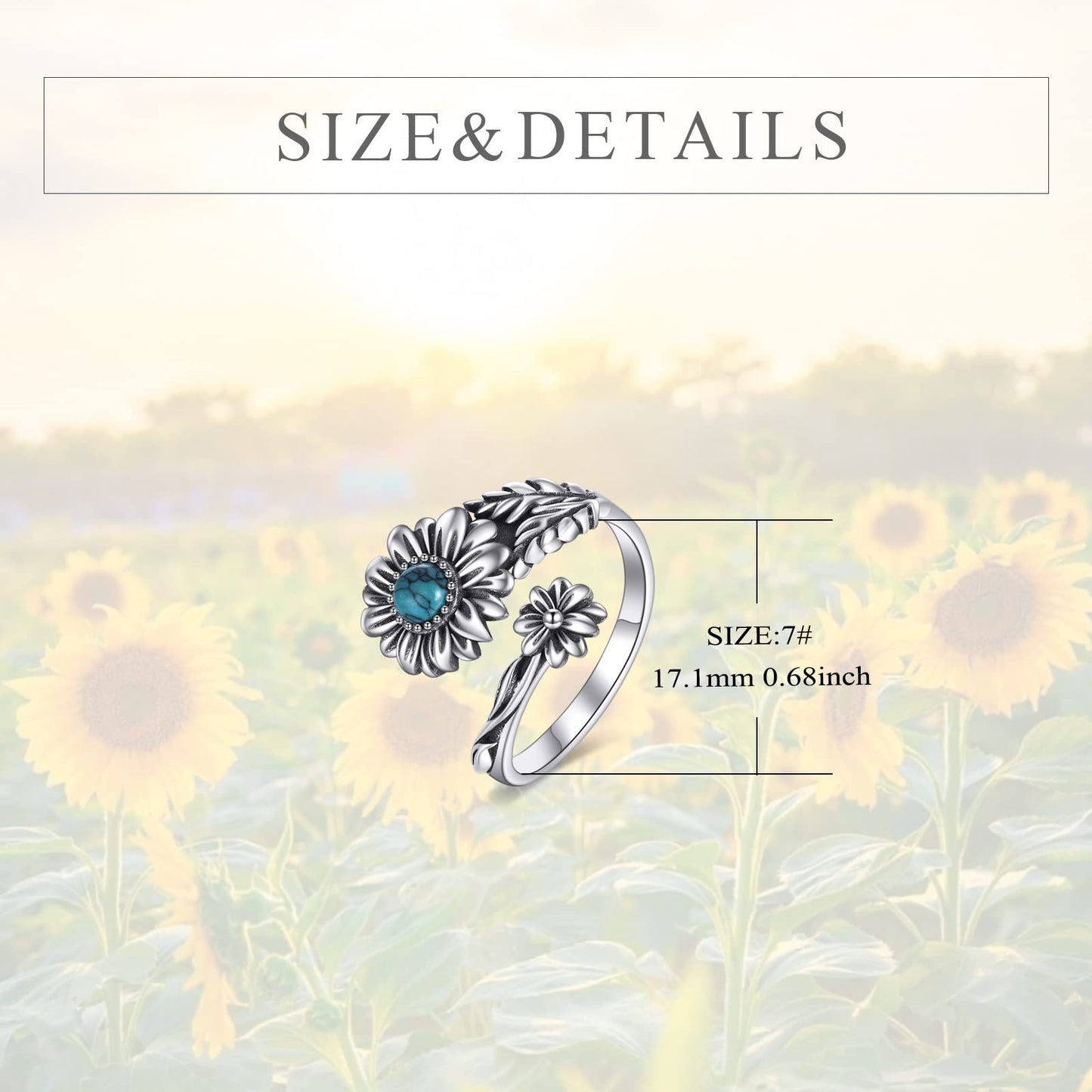 POPLYKE Sterling Silver Turquoise Daisy Spoon Ring Vintage Thumb Rings Boho Adjustable Open Ring Flower Jewelry Gifts for Women