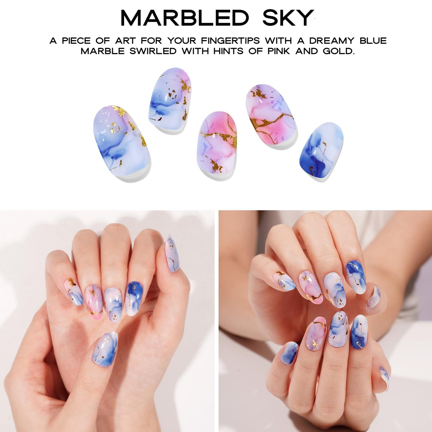 Adora Couture Semi Cured Gel Nail Strips with 20 Pieces - UV Gel Stickers, Manicure Kit, Easy Application Wraps Includes Prep Pads, Nail File, Wooden Stick - UV Light Required (Marbled Sky)