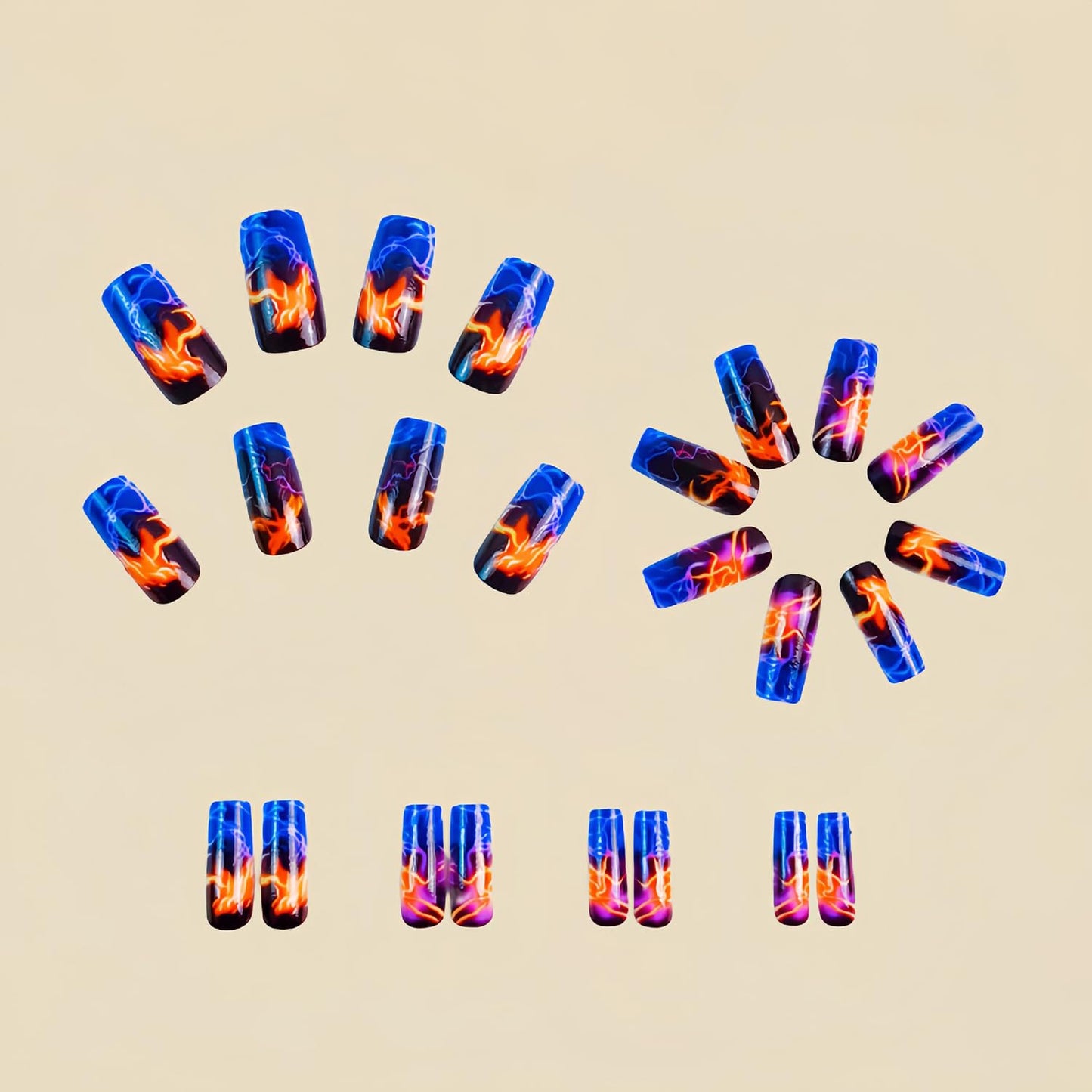 Press On Medium Square Aurora Blue Lightning Stripe Smudge Design False Nails - Full Cover Acrylic Coffin Nails, Reusable Glue On, DIY Stick On for Women - 24Pcs