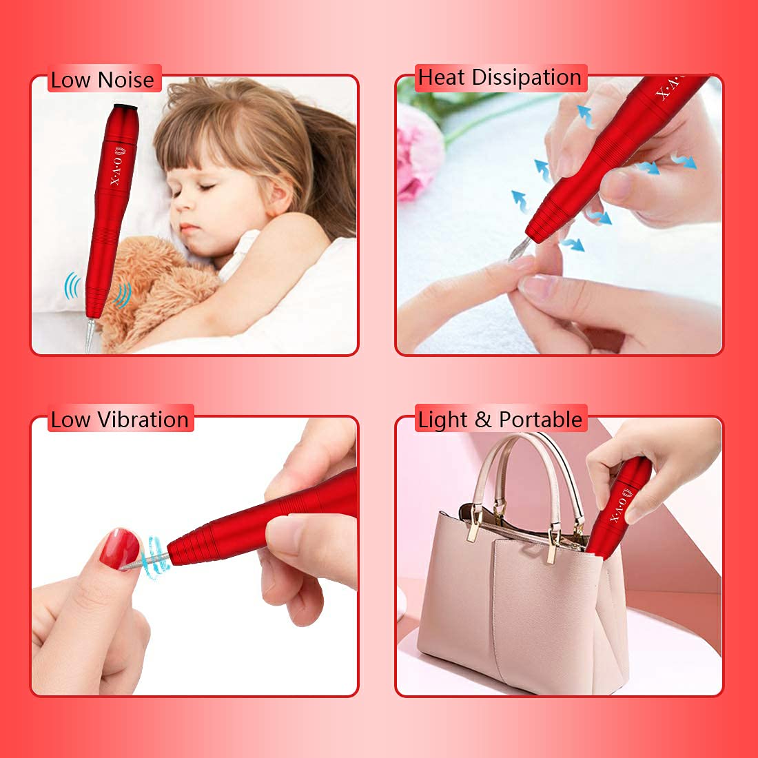 20000 RPM Electric Nail File Kit Portable Nail Drill Machine Professional Manicure Pedicure Kit with Sanding Bands,Nail Drill Bits and Brush for Acrylic Gel Nails-Red
